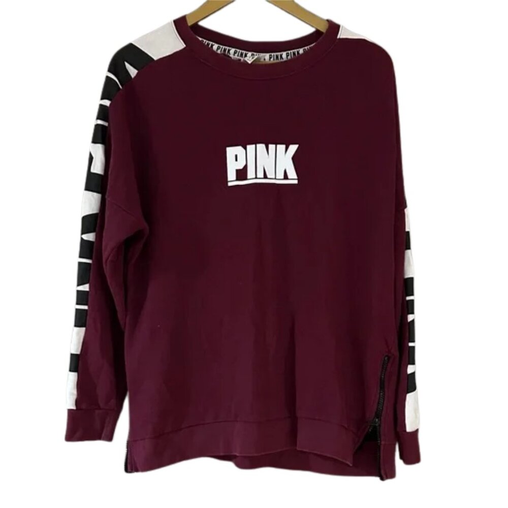 PINK Victoria’s Secret Maroon Sweatshirt Crewneck Logo Side Zippers